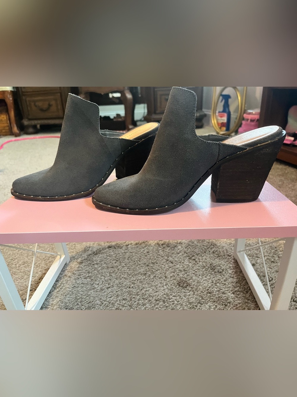 Chinese Laundry Gray Suede Slip-On Block Heel Mules